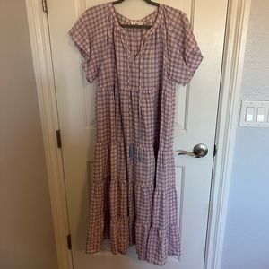 Lilac and pink gingham tiered midi dress